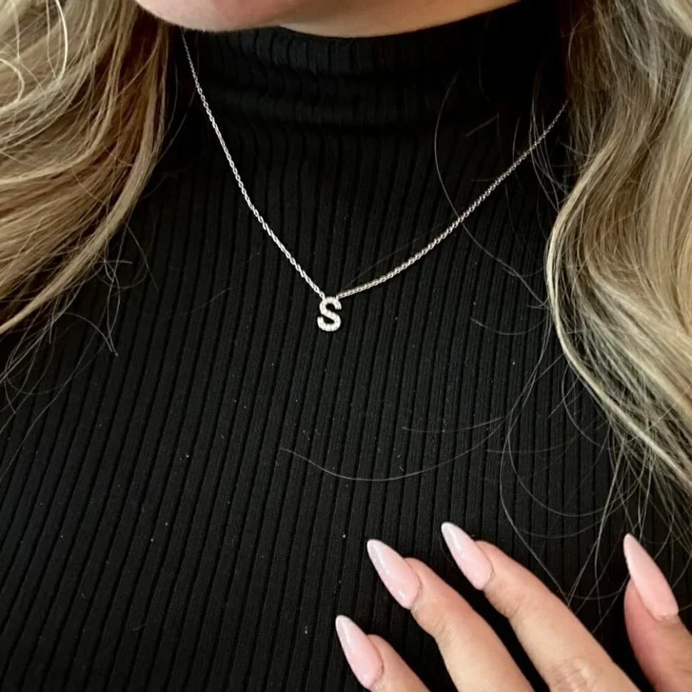 14K Yellow Gold Initial Necklace Letter Dainty Diamond Gift Present P - Z